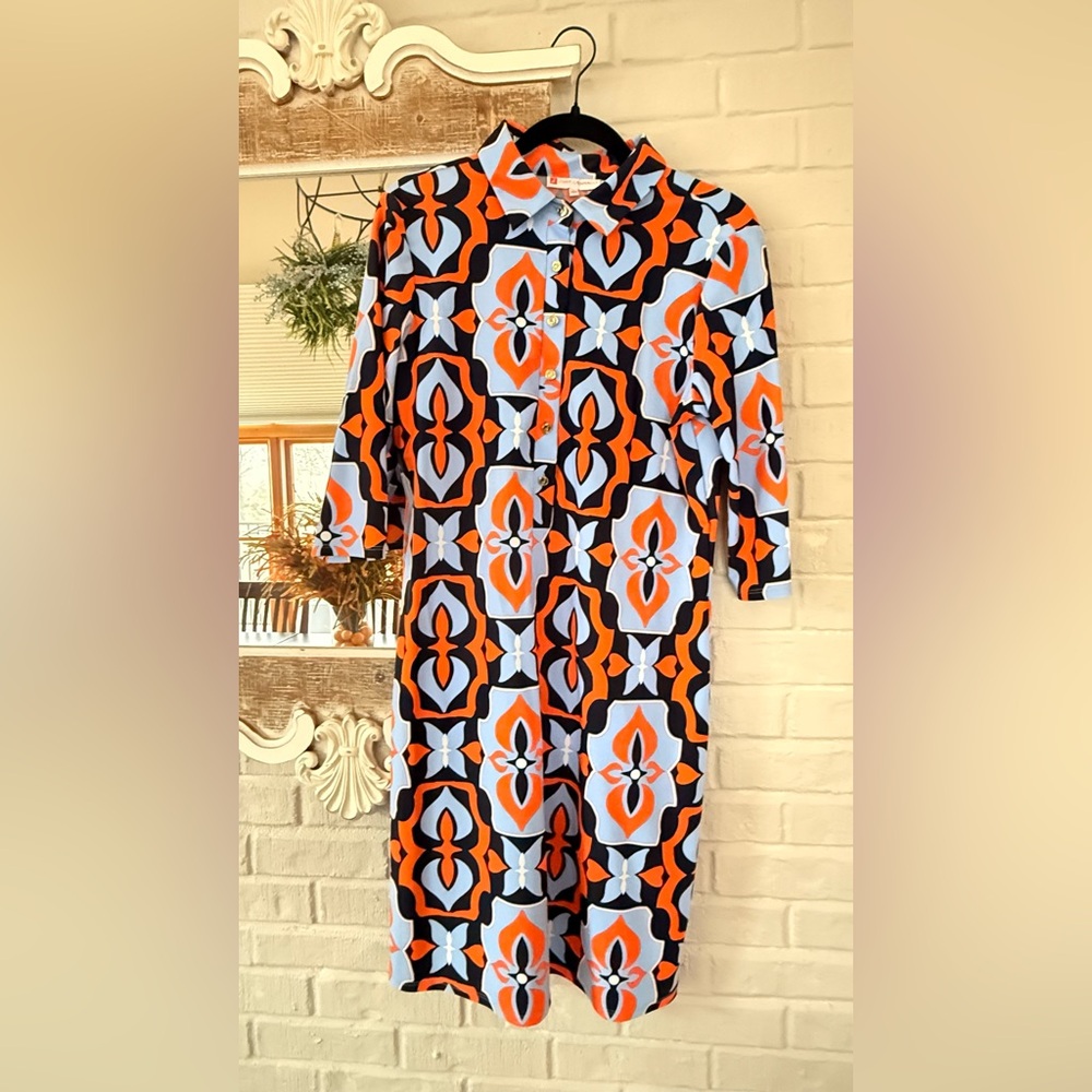 Jude Connally Long Sleeve Dress - Orange and Blue Geometric